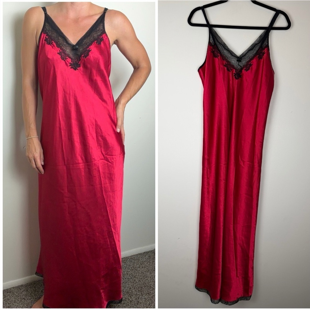 Oscar de la Renta Red Satin Black Lace Slip Dress Lingerie Medium
